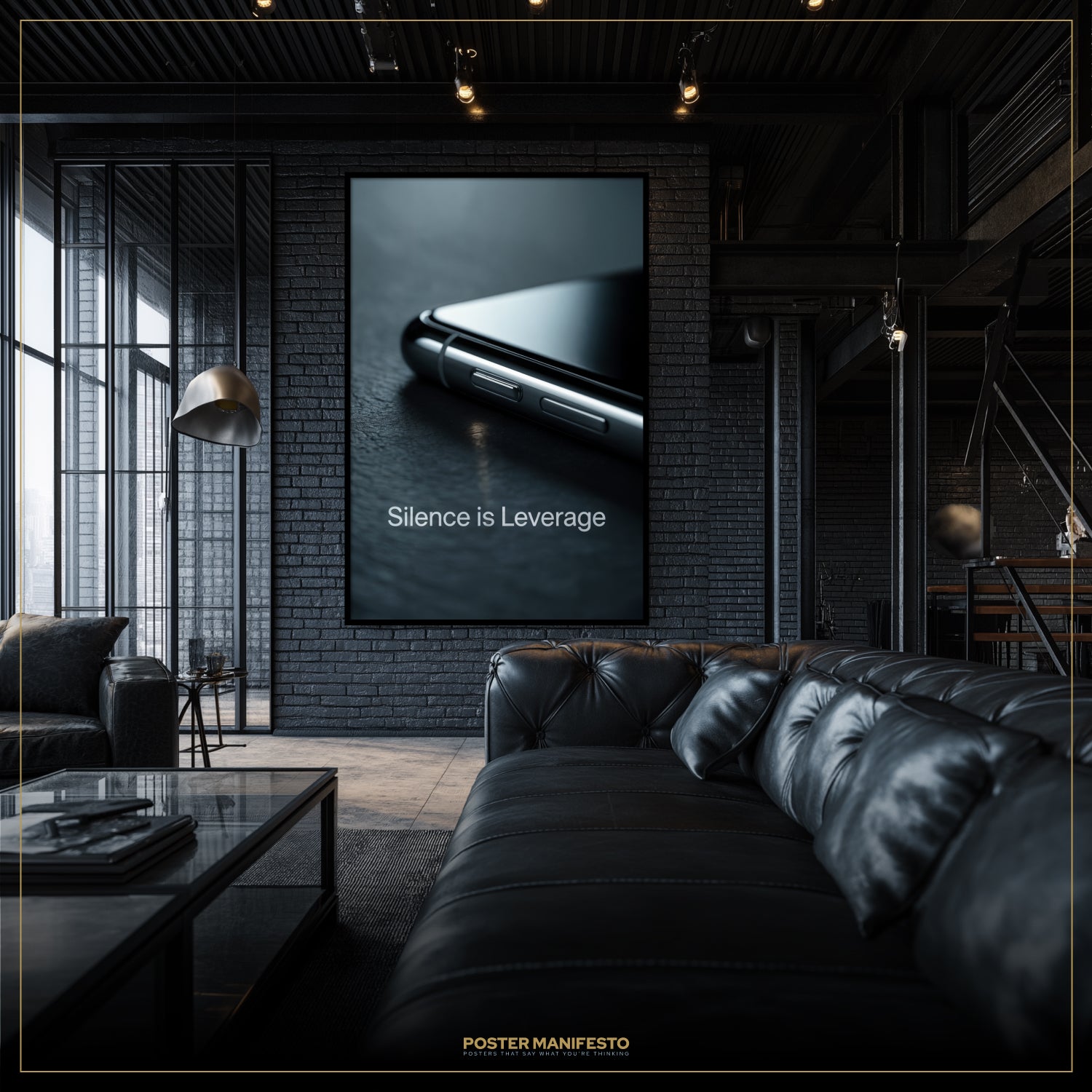 Modern living room with a black leather sofa and a framed poster on the wall.