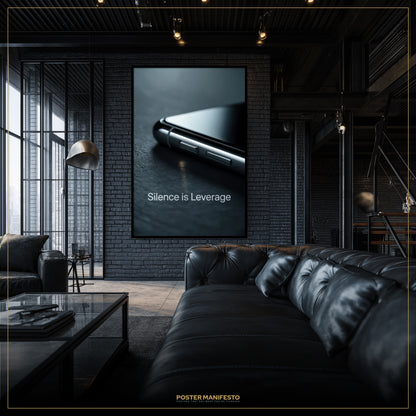 Modern living room with a black leather sofa and a framed poster on the wall.