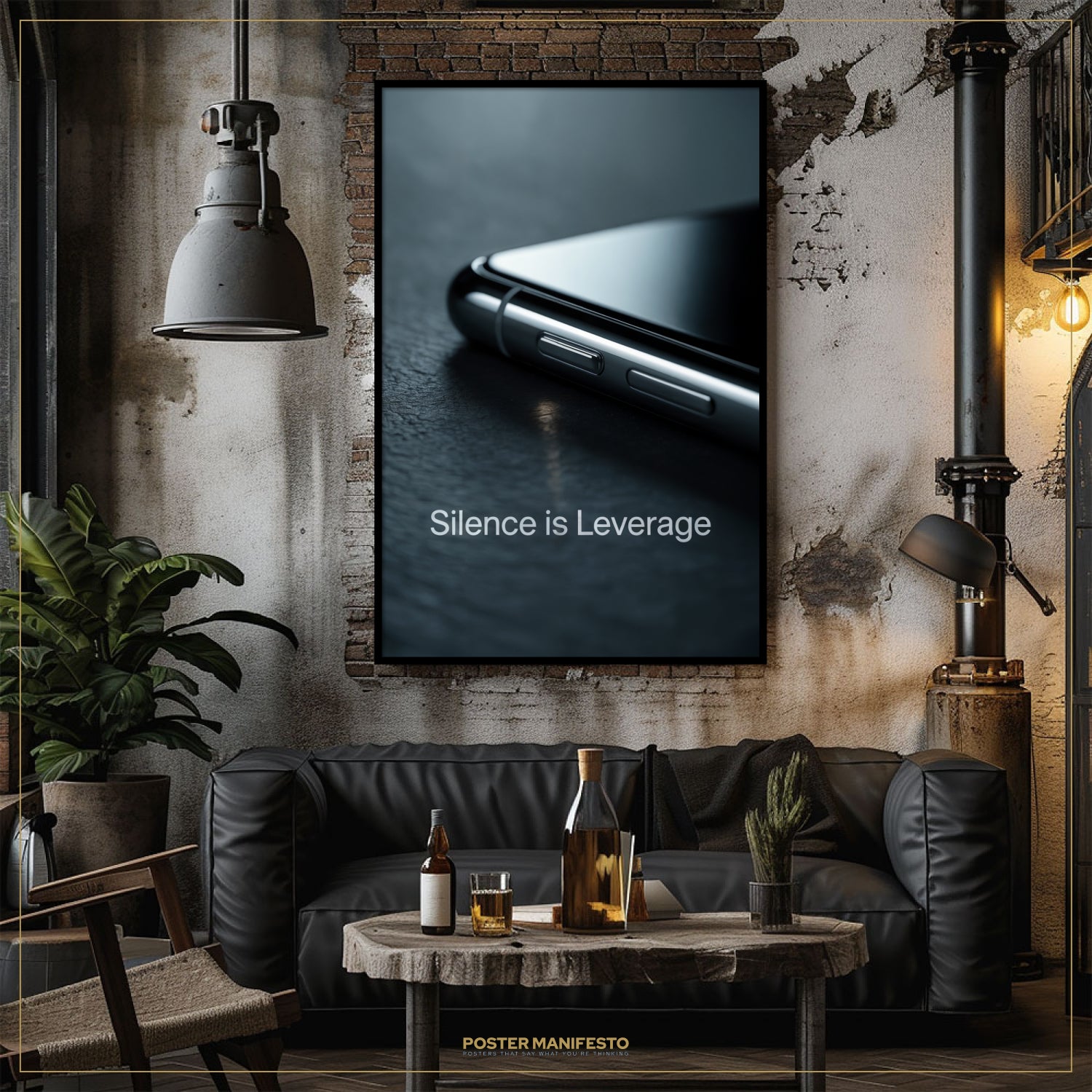 Modern living room with a framed poster on the wall, a black sofa, and a small table with drinks.
