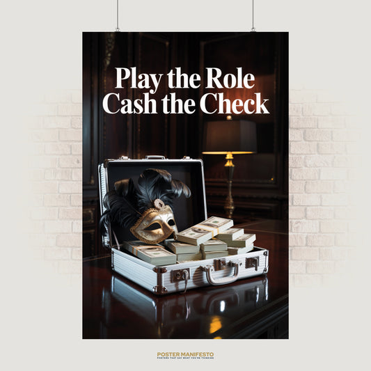 Motivational poster with a luxury briefcase full of cash and a golden mask, featuring the phrase “Play the Role, Cash the Check,” symbolizing ambition and reward.