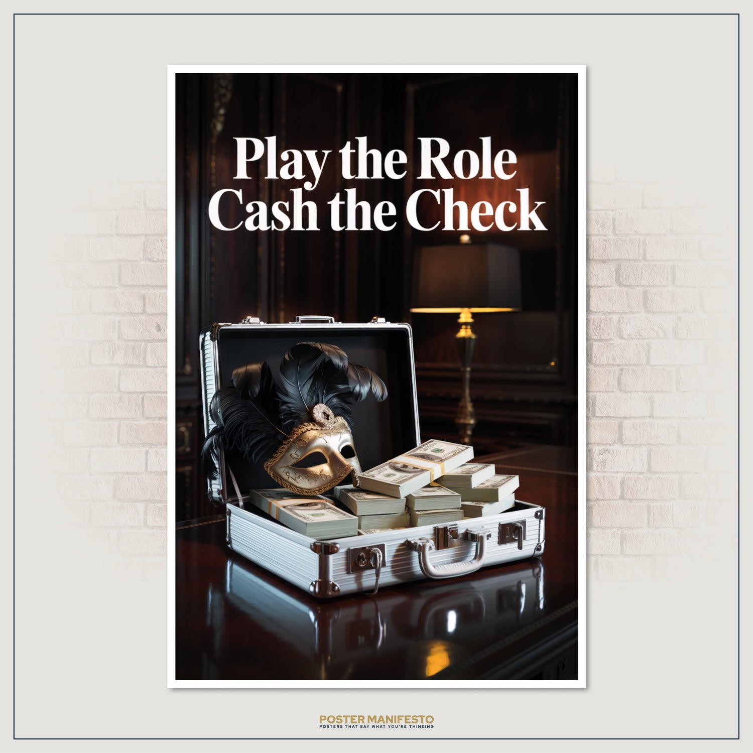 Bold poster design featuring a dramatic scene of cash and a masquerade mask, with the empowering quote “Play the Role, Cash the Check” for entrepreneurs and leaders.