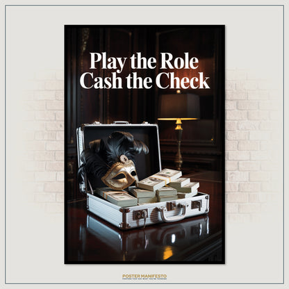 Poster with a suitcase full of money, a mask, and text 'Play the Role Cash the Check' on a brick wall background.