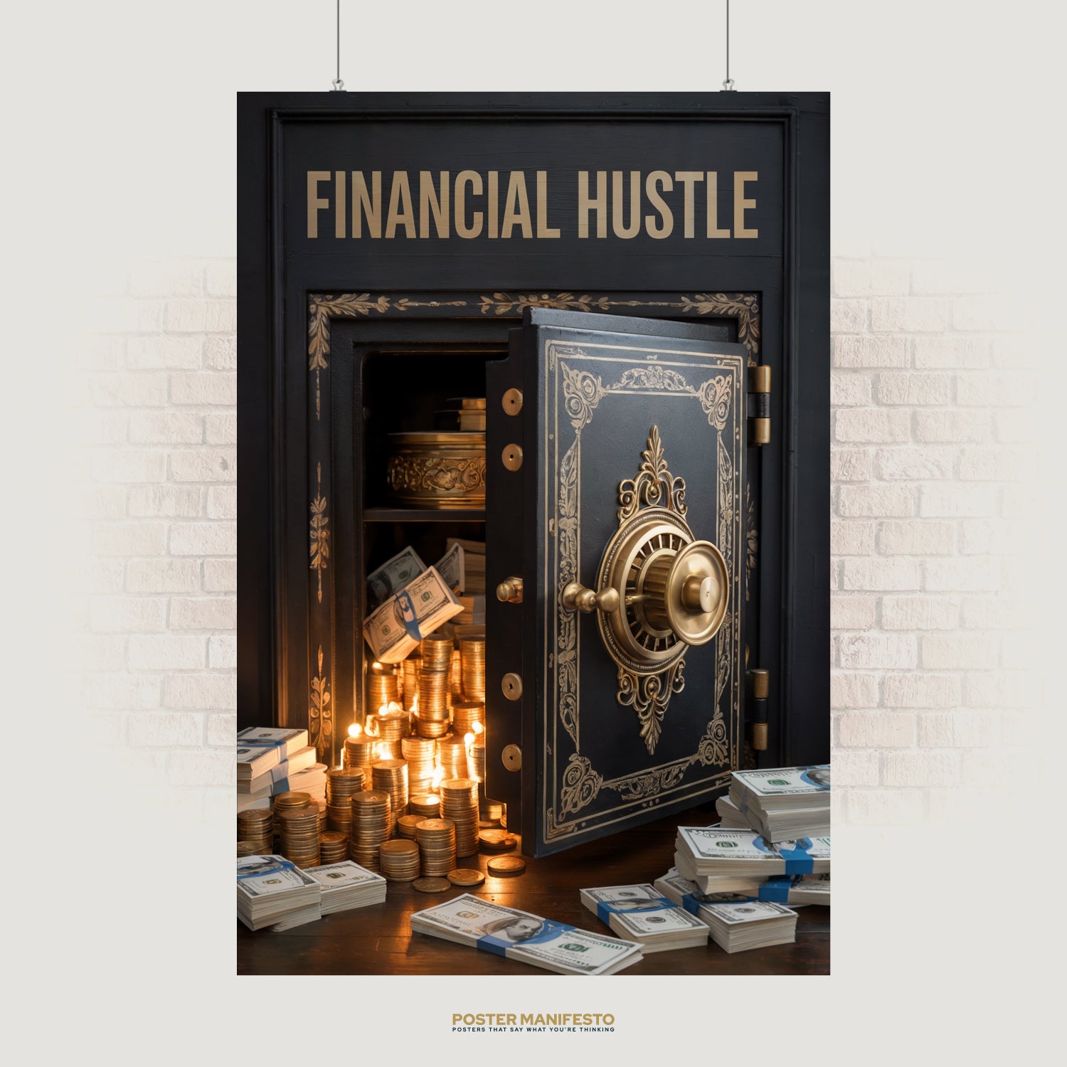 Motivational poster with a luxurious safe overflowing with gold coins and dollar bills, featuring the bold phrase “Financial Hustle” as a symbol of ambition and wealth.