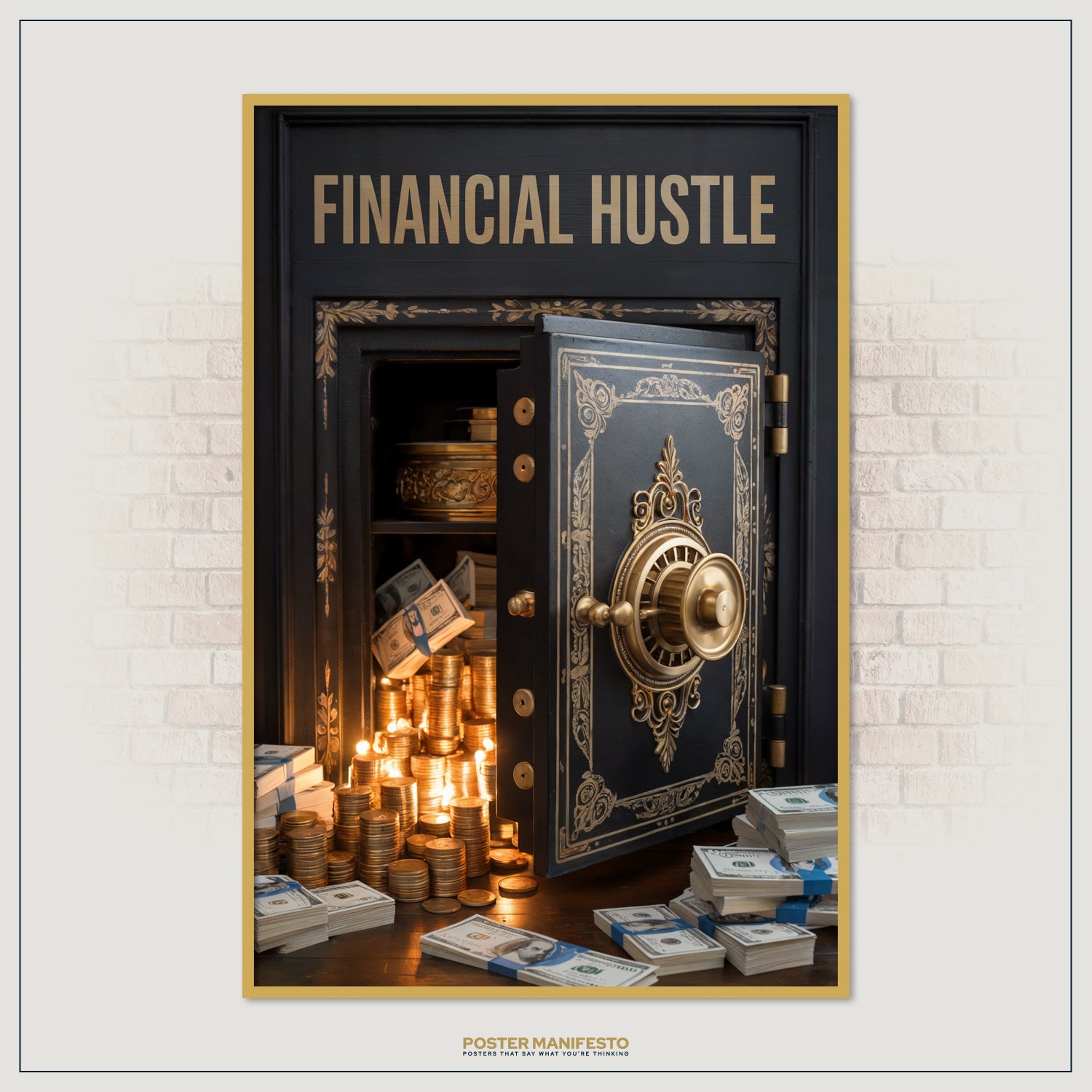 Striking motivational artwork with a grand safe bursting with money and gold, paired with the phrase “Financial Hustle” to inspire ambition and business success.