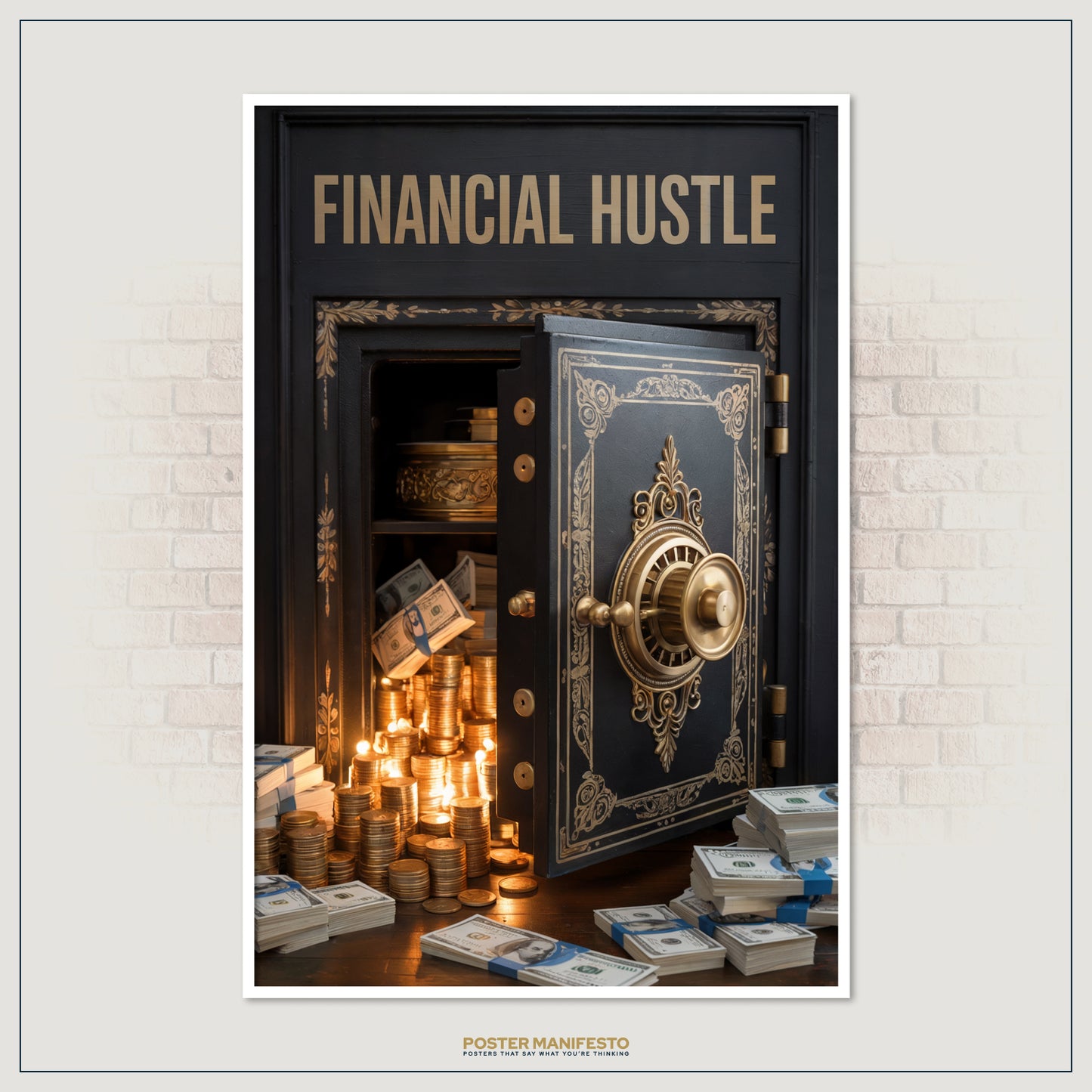 Bold modern poster design featuring wealth imagery of coins and cash inside an ornate safe, with the motivational text “Financial Hustle” above.