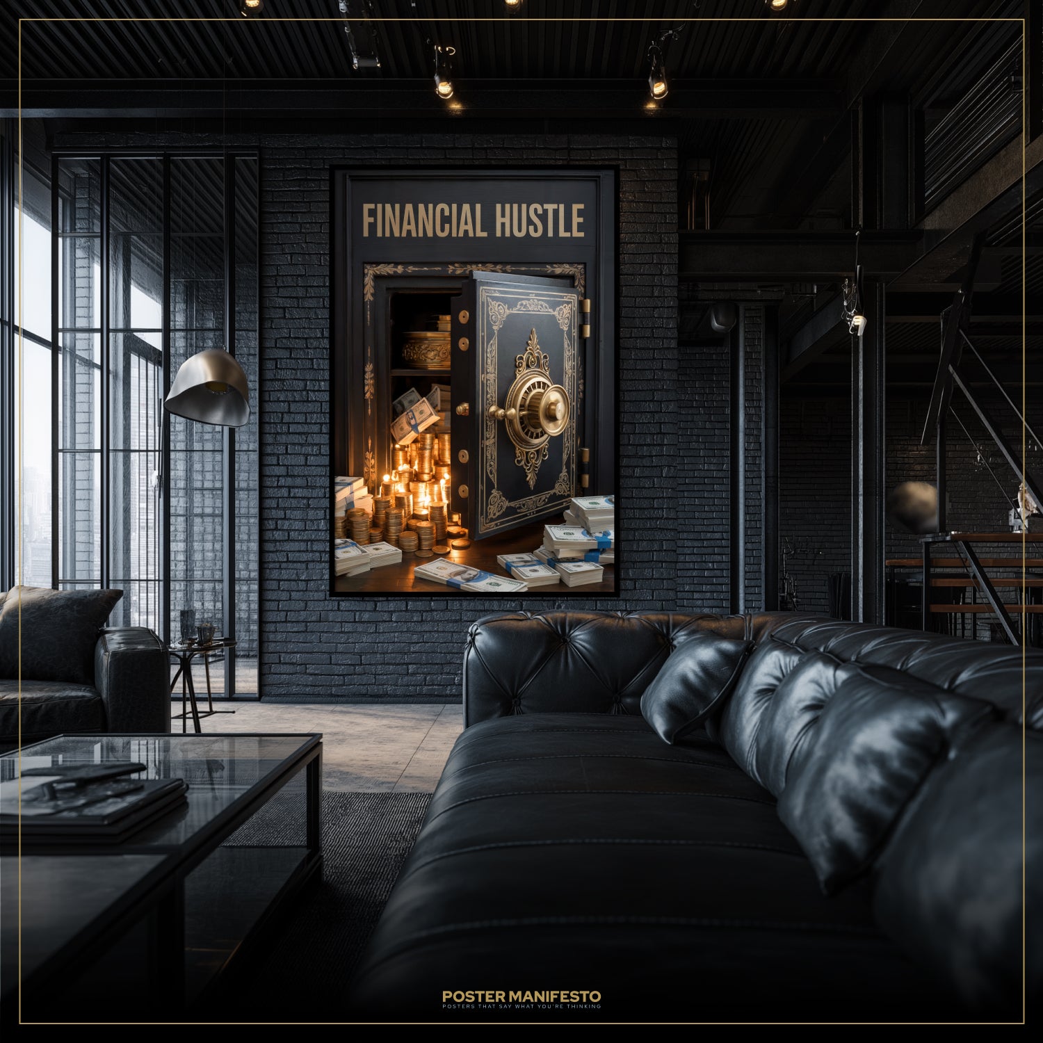 Modern living room with a black leather sofa and a framed poster titled 'Financial Hustle' on the wall.
