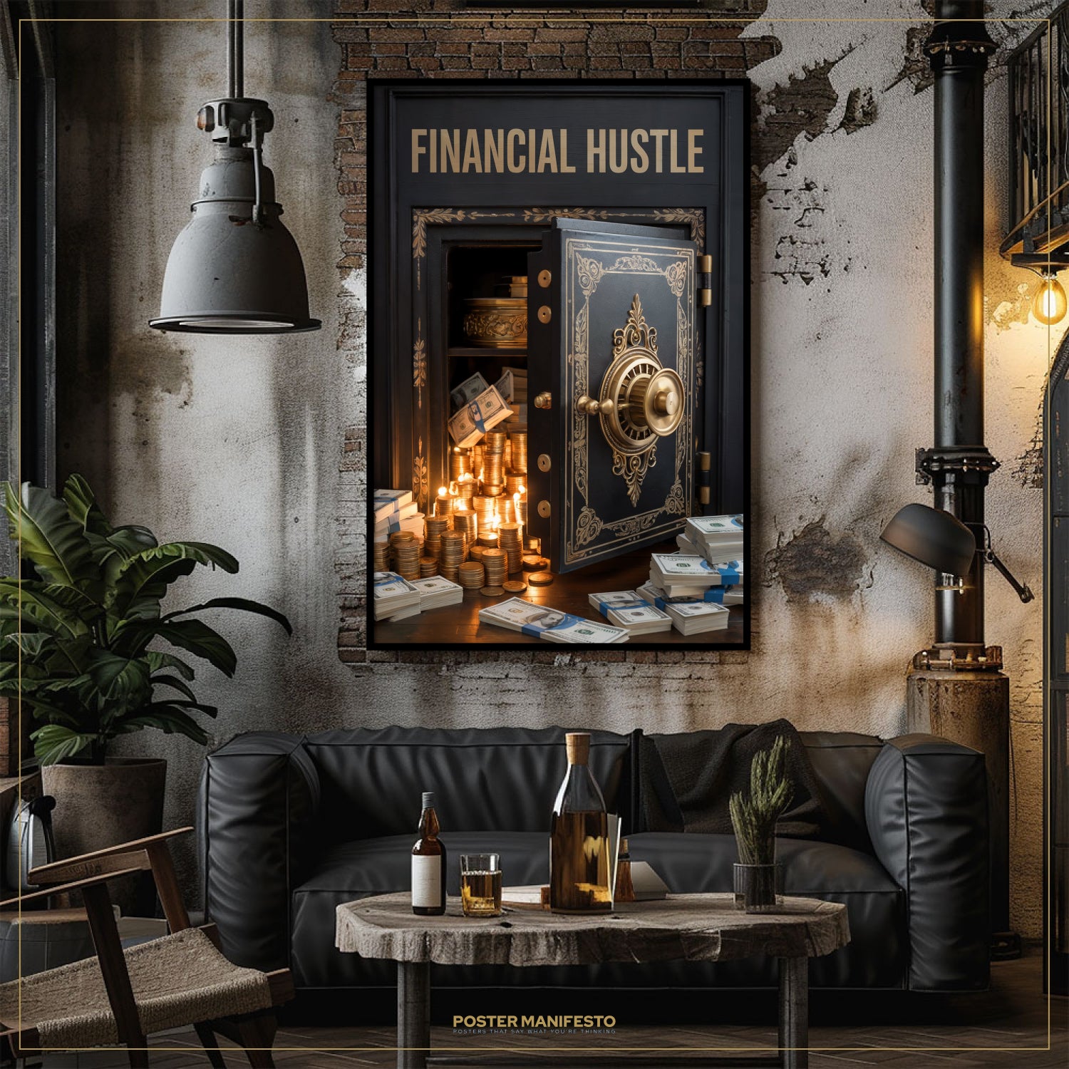 Decorative wall art of a safe labeled 'Financial Hustle' in a stylish room with a couch and table.