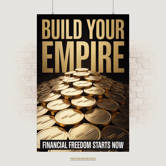 Motivational poster with the bold phrase “Build Your Empire” above stacked golden coins, symbolizing ambition, wealth, and financial freedom.