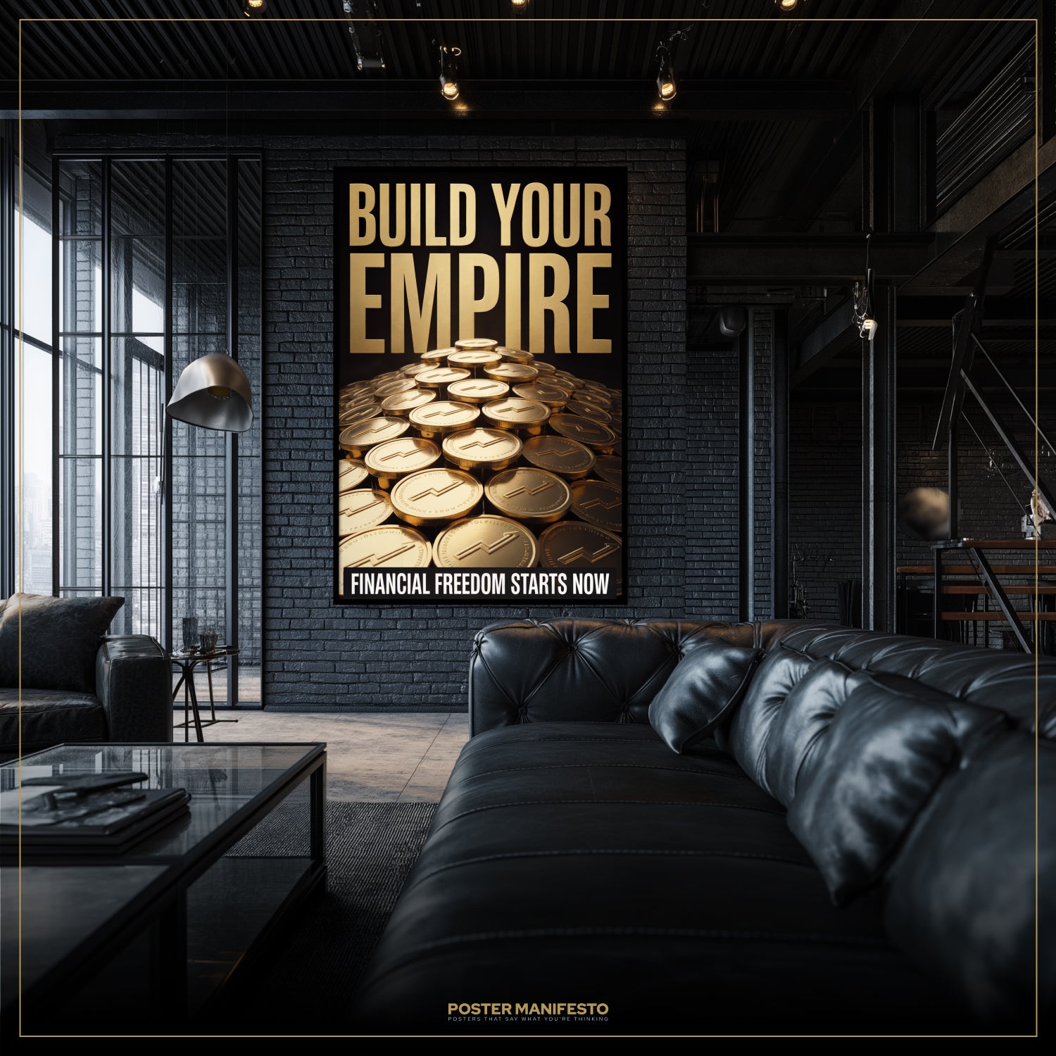 Modern living room with a motivational poster on the wall.