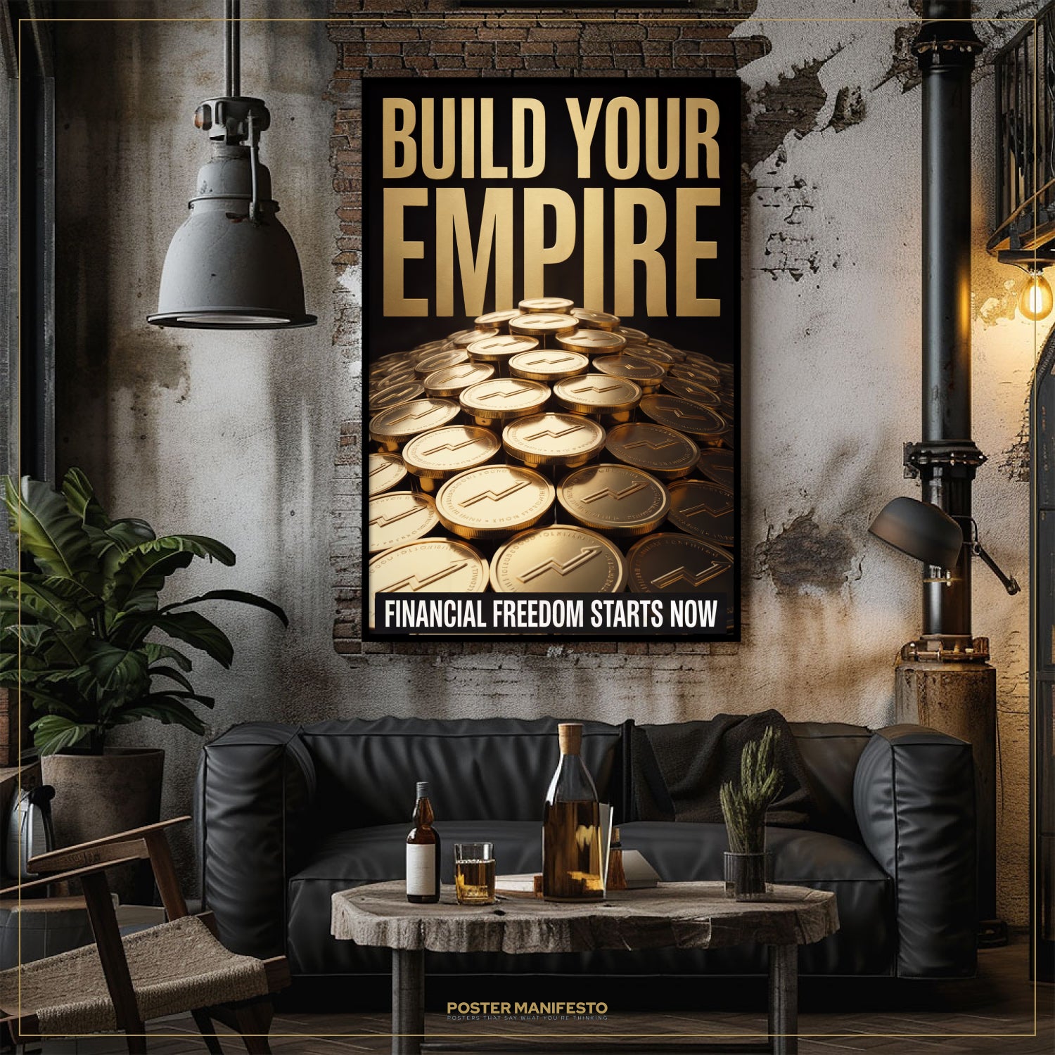 Living room with 'Build Your Empire' poster and a couch.