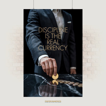 Motivational poster featuring a businessman placing golden coins on a marble table with the phrase “Discipline Is The Real Currency.”