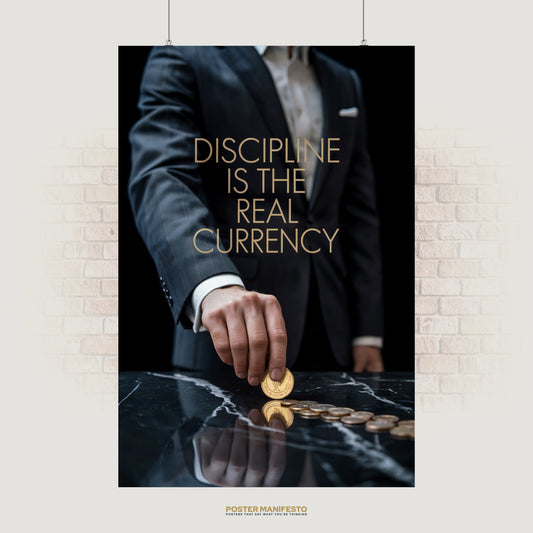 Motivational poster featuring a businessman placing golden coins on a marble table with the phrase “Discipline Is The Real Currency.”