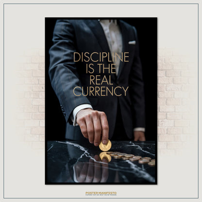 Poster with a person in a suit holding a coin, text 'Discipline is the Real Currency', and brand 'Poster Manifesto' on a brick wall background.