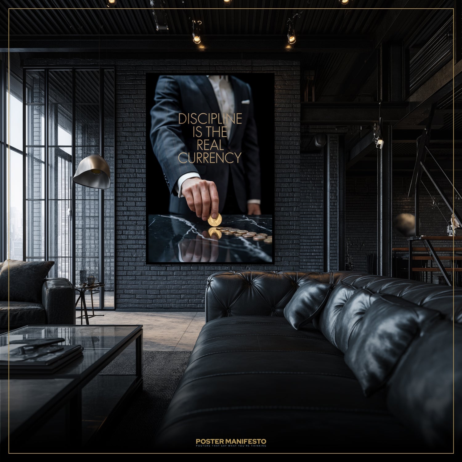 Modern interior with a motivational poster on the wall, featuring a quote about discipline.