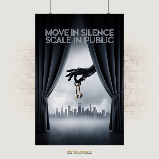 Motivational wall art showing a black-gloved hand holding golden keys in front of a city skyline with the phrase “Move In Silence Scale In Public.”