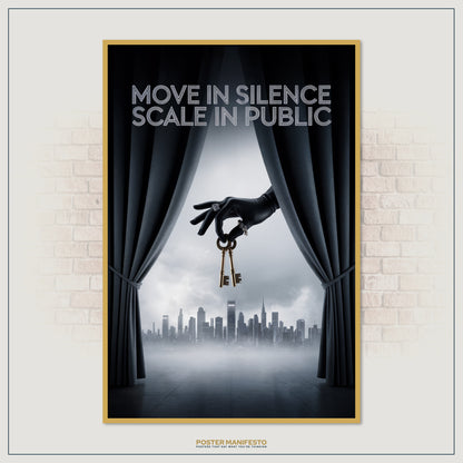 Inspirational artwork with text “Move In Silence Scale In Public” above a gloved hand holding keys of opportunity over a city view.