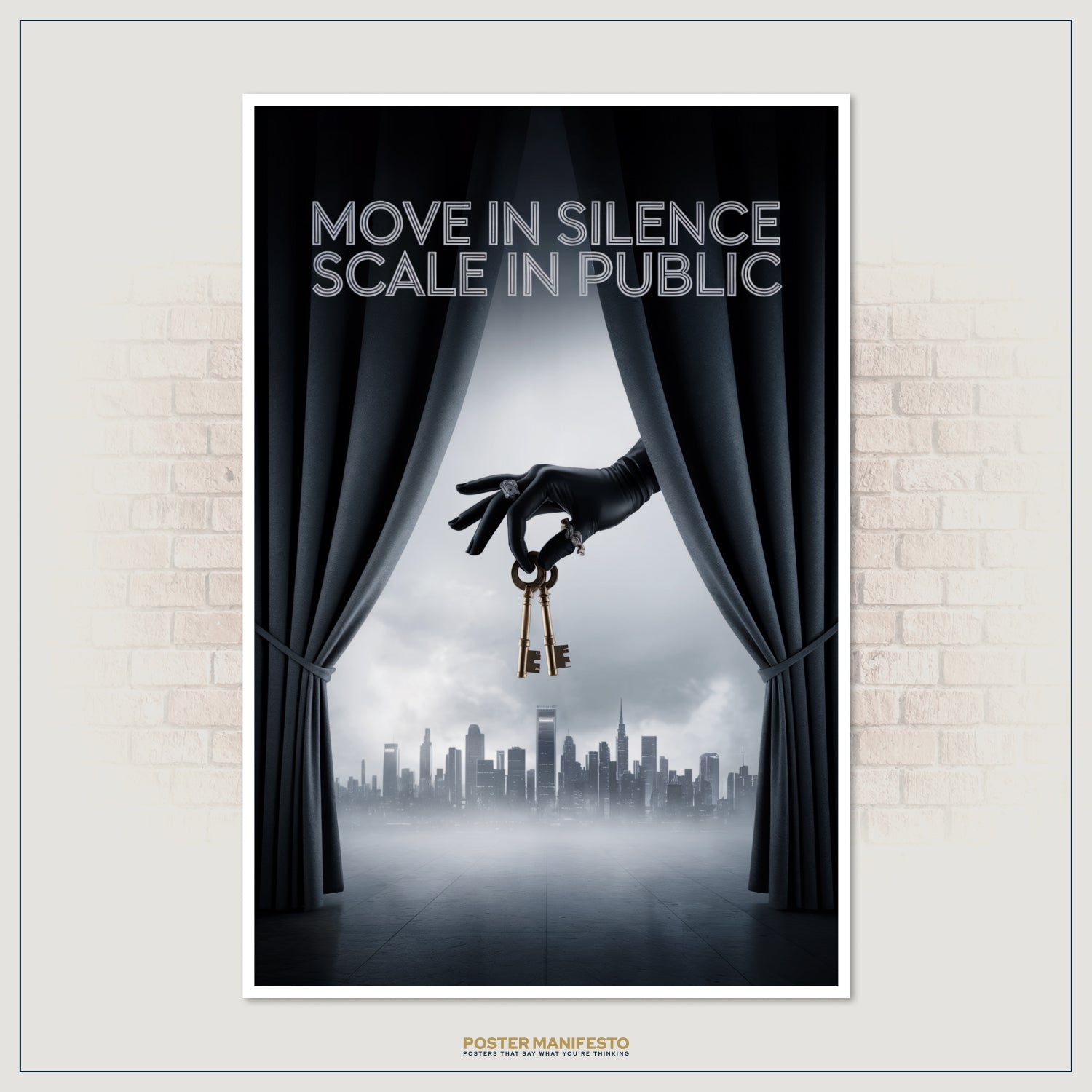 Motivational print for entrepreneurs showing keys to success revealed against a powerful skyline with bold typography.