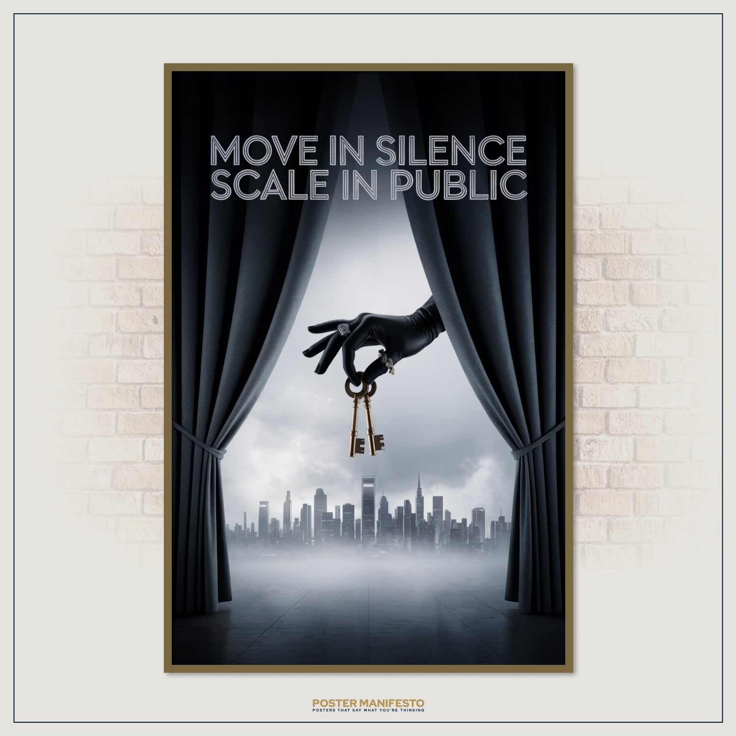 Elegant office wall art featuring golden keys and the phrase “Move In Silence Scale In Public” symbolizing ambition and growth.
