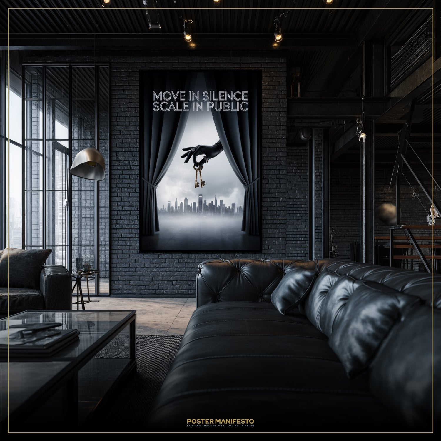 Modern living room with a large poster on the wall featuring text and an image of a hand holding keys.