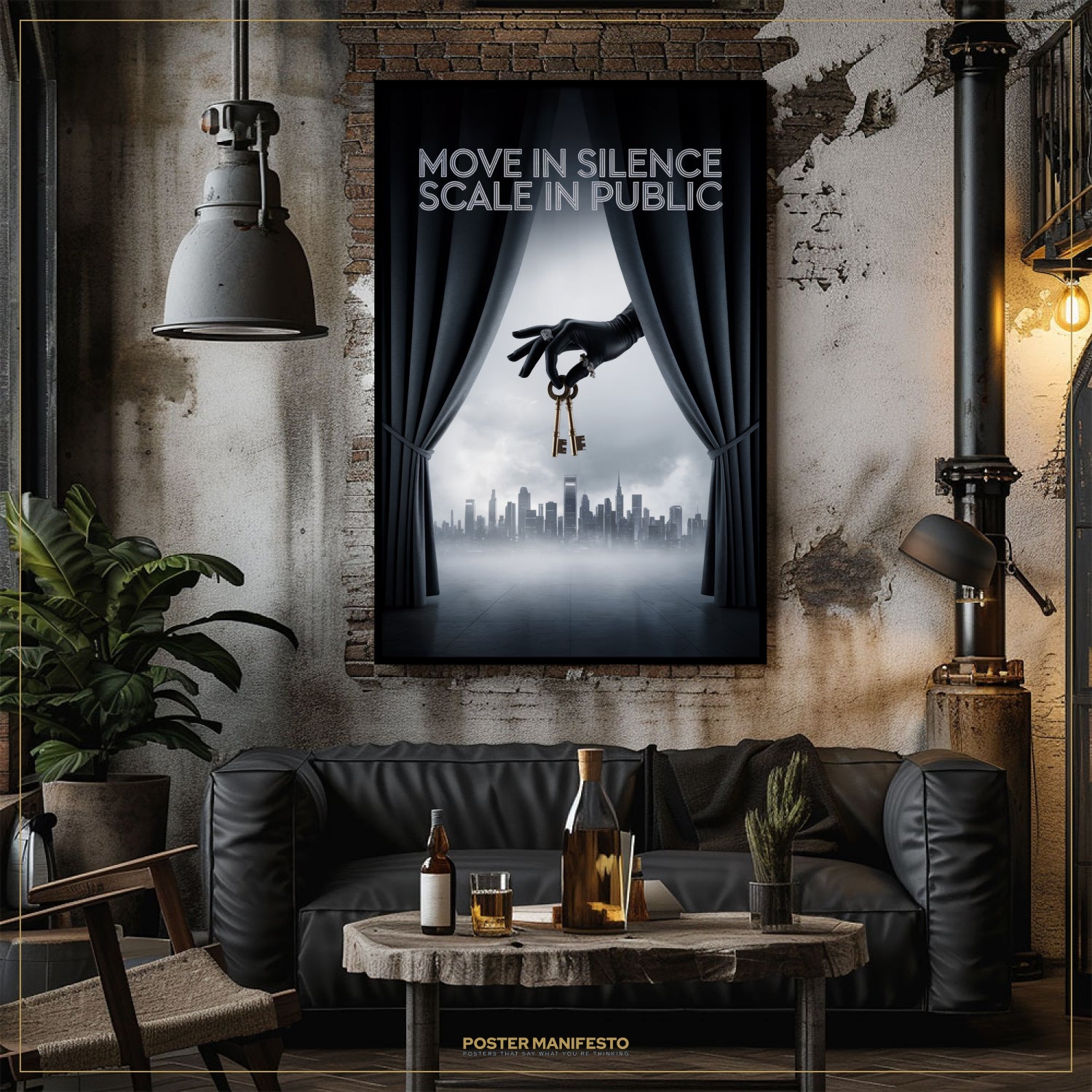 Living room with a dark sofa, wooden coffee table, and a large framed poster on the wall.