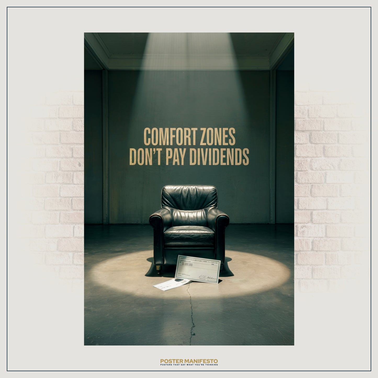 Inspirational poster featuring an empty armchair under a spotlight with bold motivational text reminding viewers to leave their comfort zone.