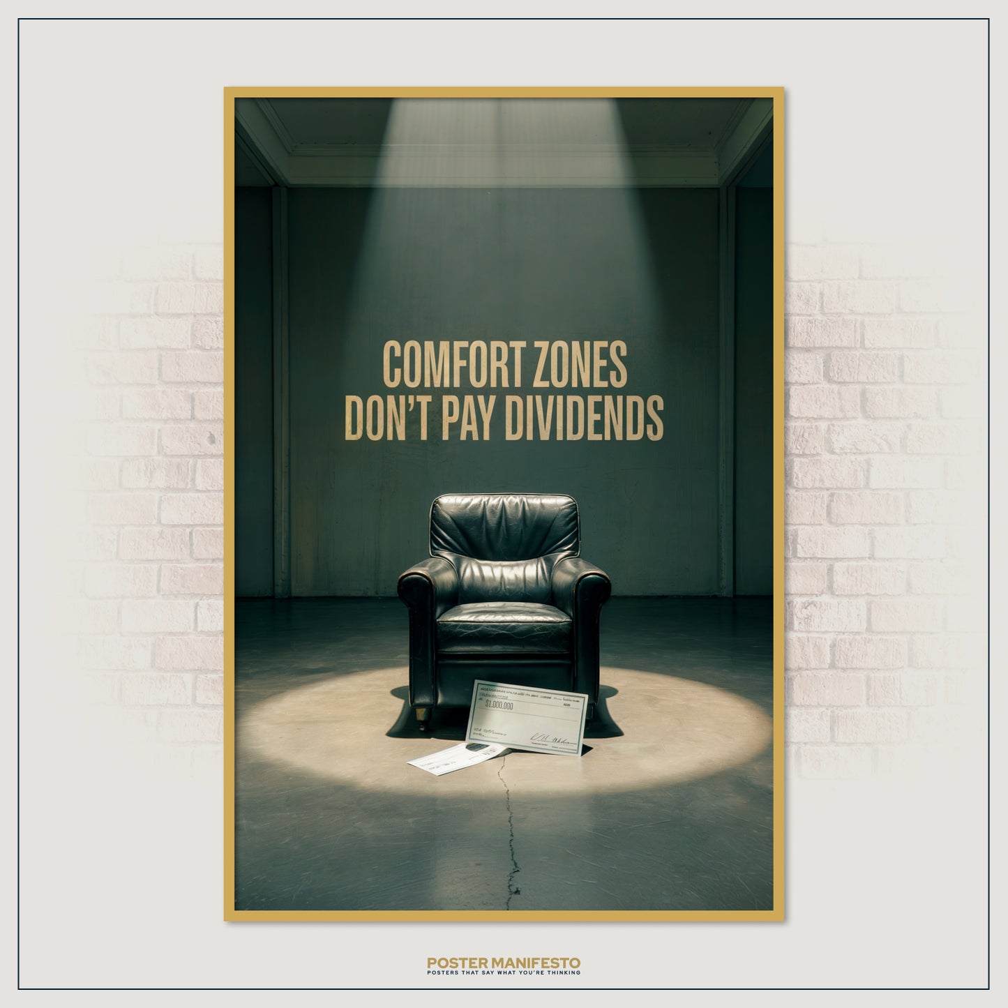 Success-driven artwork showing a dark room, luxury leather chair, and the phrase “Comfort Zones Don’t Pay Dividends” in gold lettering.