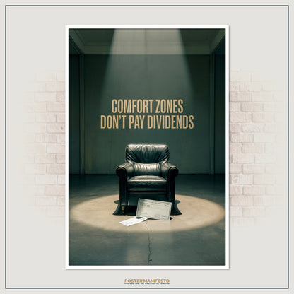 Entrepreneur motivational print highlighting the message that rewards come from risk, featuring spotlight, chair, and symbolic checks.