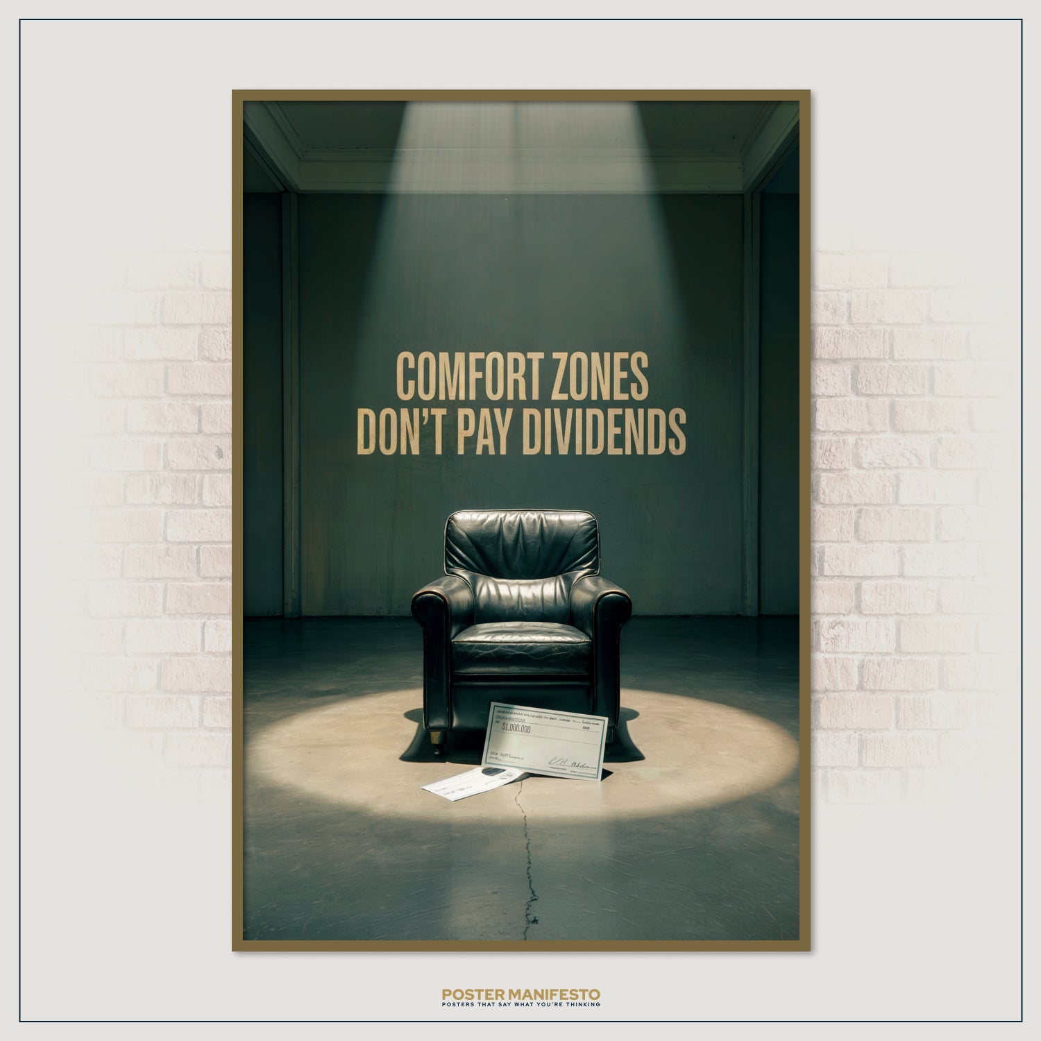 Office wall art with powerful quote about growth, featuring dramatic lighting on a chair and million-dollar checks as symbols of success.
