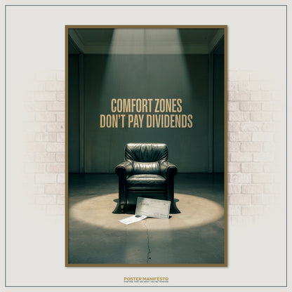 Office wall art with powerful quote about growth, featuring dramatic lighting on a chair and million-dollar checks as symbols of success.