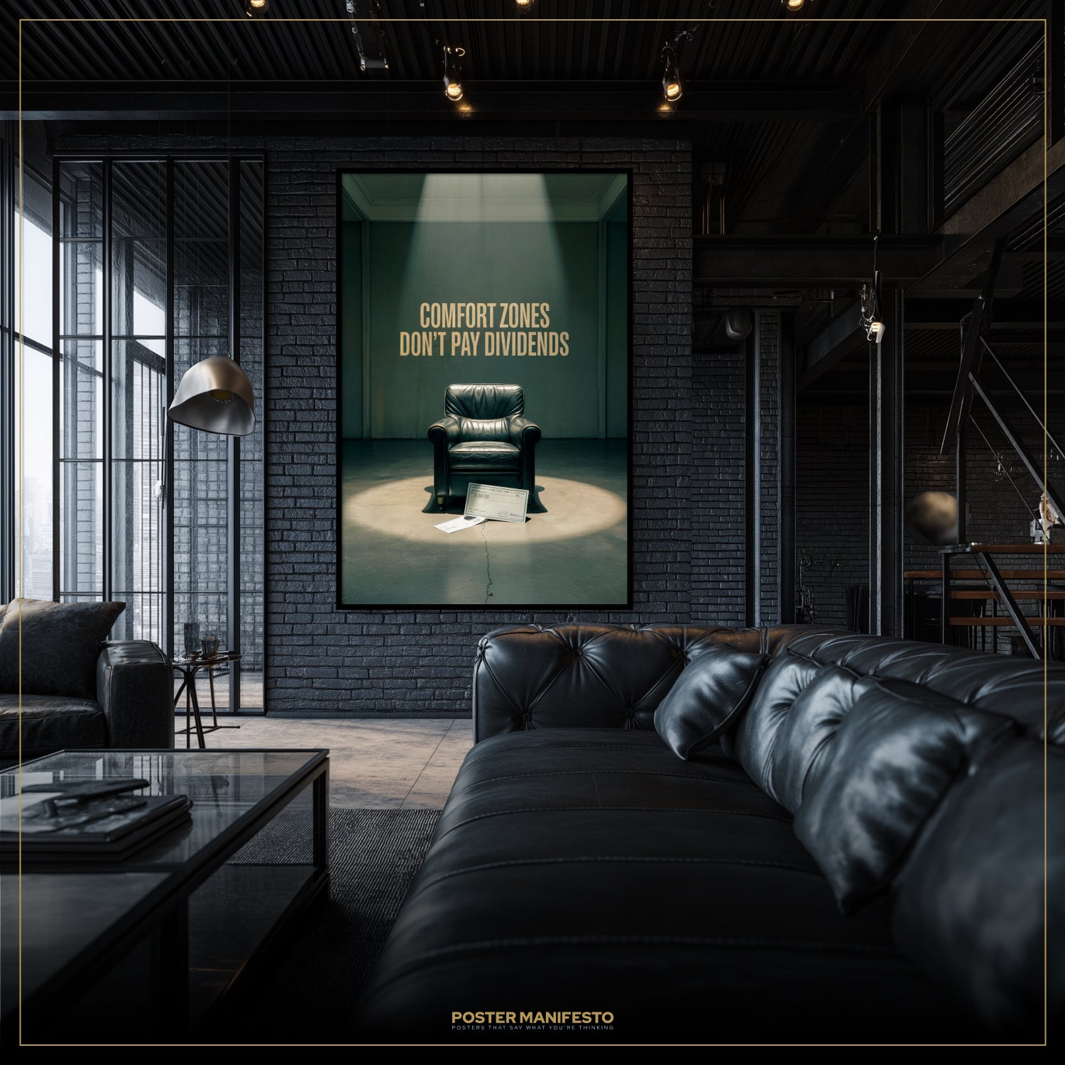 Modern living room with a black leather sofa and a motivational poster on the wall.
