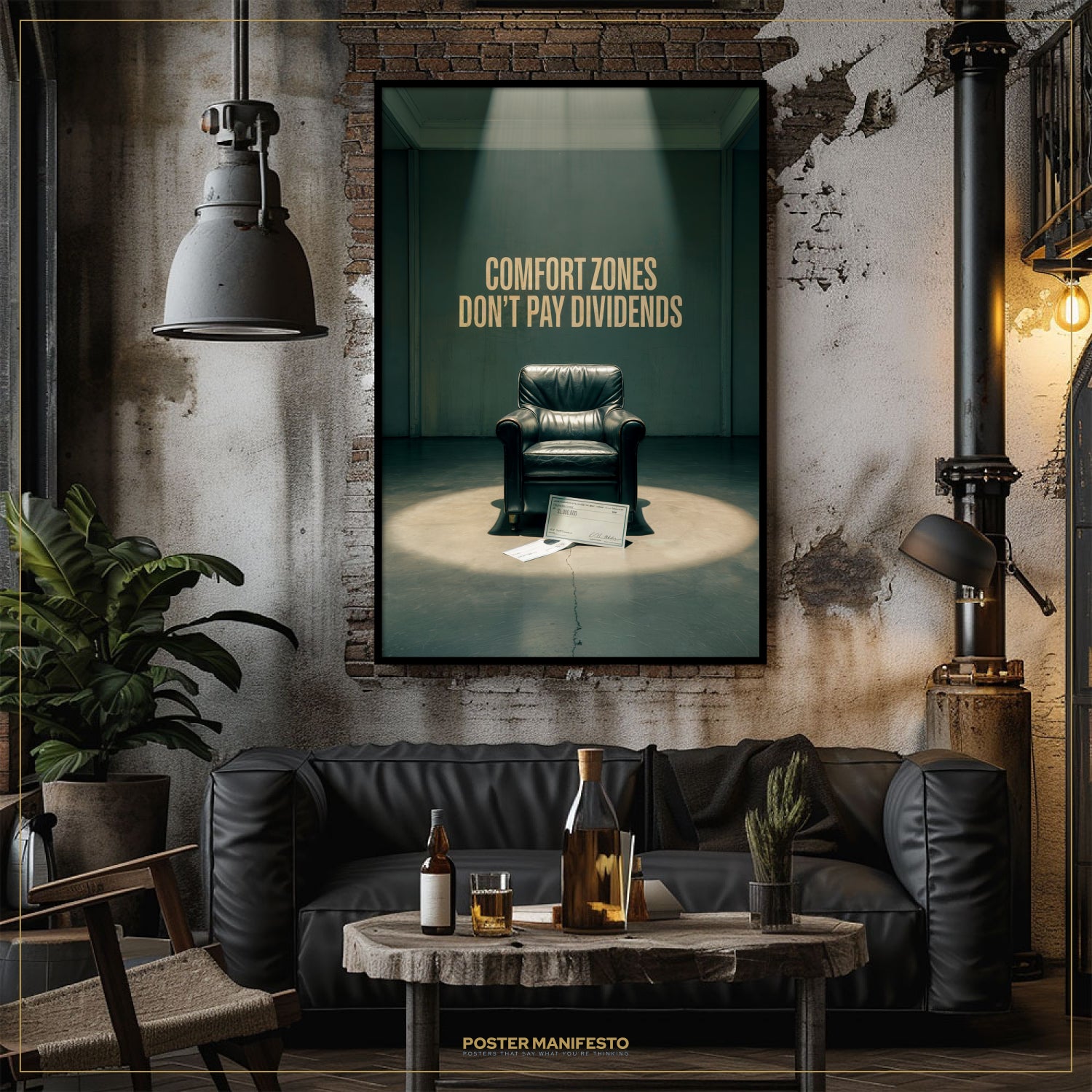 Modern living room with a black leather sofa, coffee table, and framed poster on the wall.