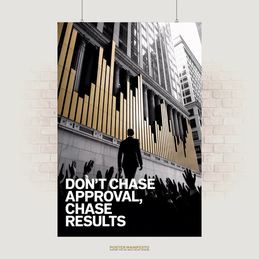 Motivational poster with the phrase “Don’t Chase Approval, Chase Results,” featuring a businessman walking past clapping hands and golden upward bars on skyscrapers.