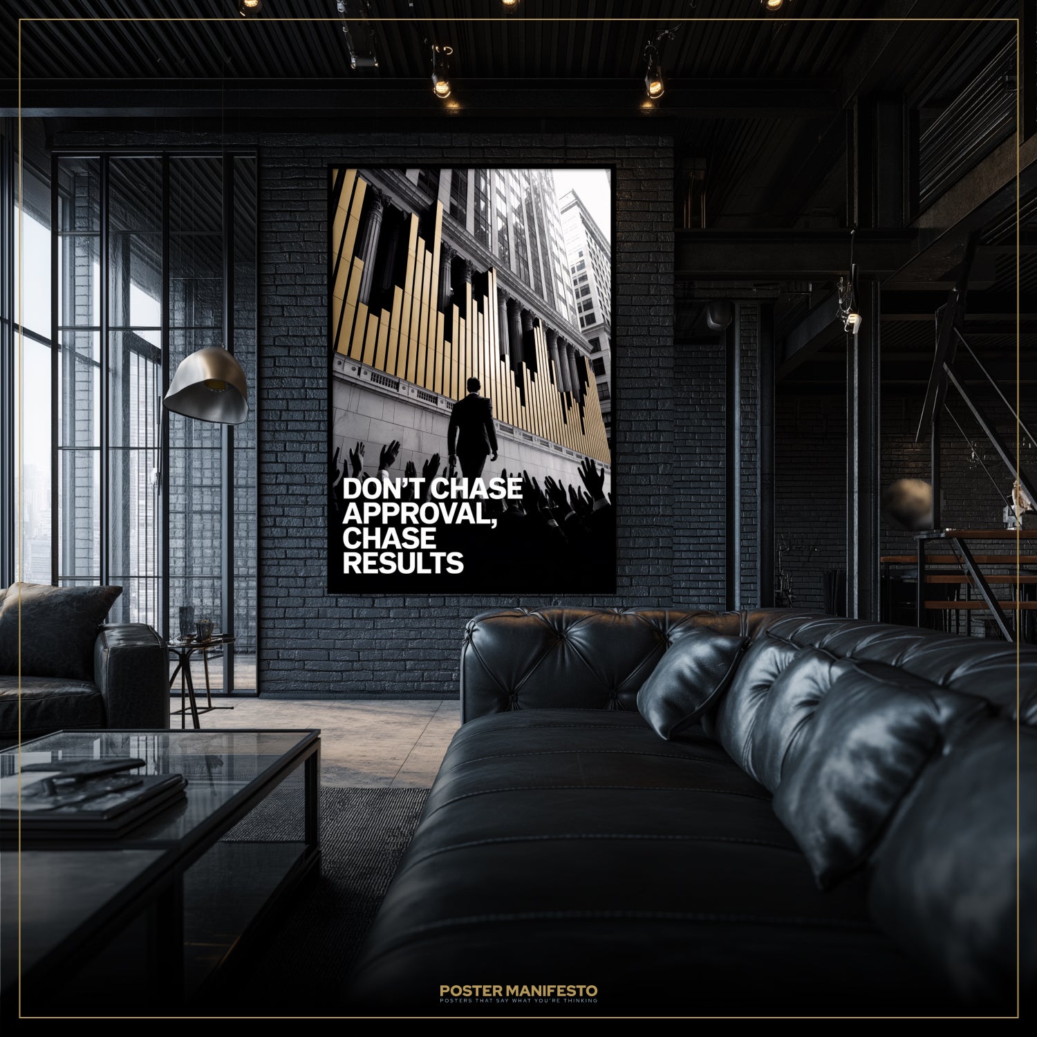 Modern living room with a large framed poster on the wall.