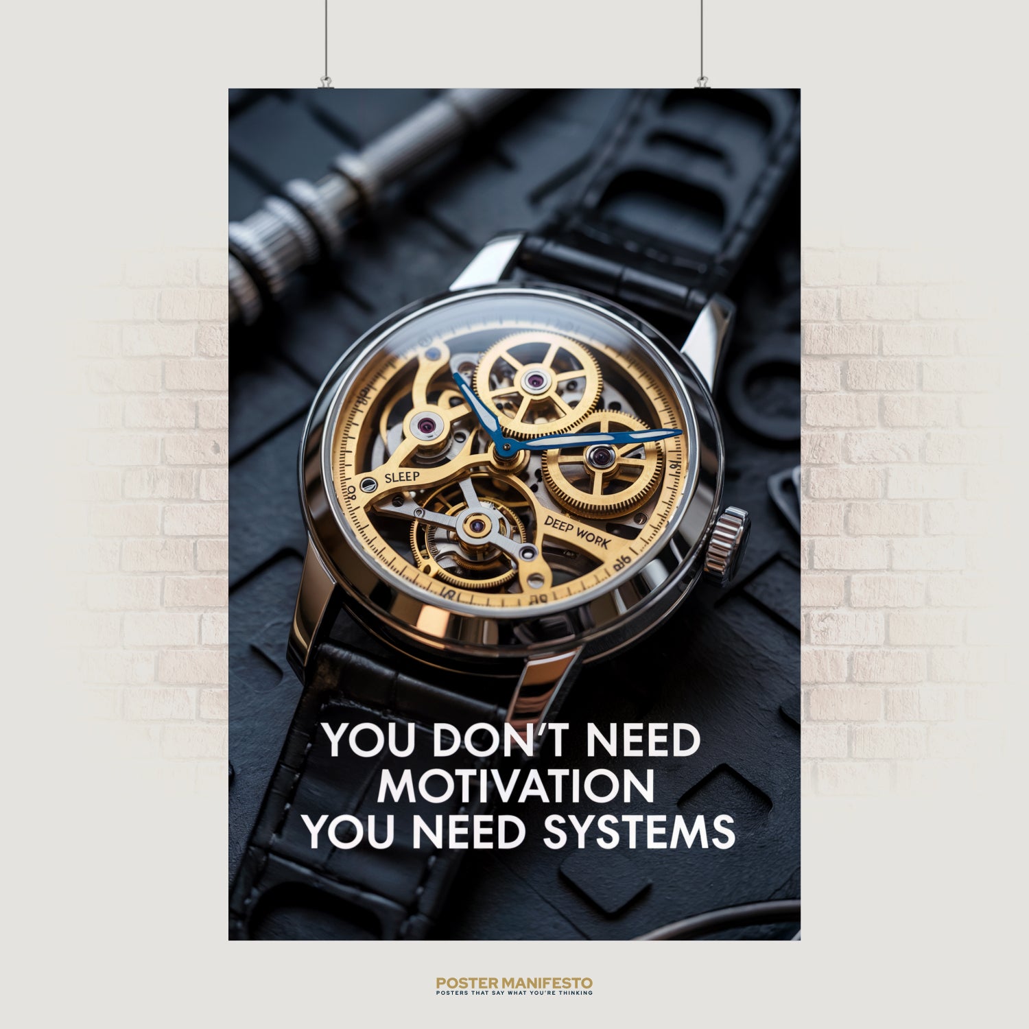 Motivational poster with the phrase “You Don’t Need Motivation, You Need Systems,” featuring a luxury skeleton watch with golden gears.
