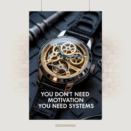 Motivational poster with the phrase “You Don’t Need Motivation, You Need Systems,” featuring a luxury skeleton watch with golden gears.