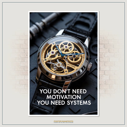 Luxury motivational print featuring intricate golden gears of a mechanical watch and bold typography.