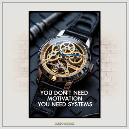 Watch with mechanical components on a textured surface, featuring motivational text.