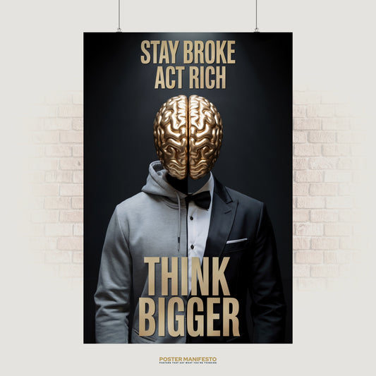 Motivational poster with “Stay Broke Act Rich Think Bigger” text and golden brain figure in split hoodie and tuxedo outfit.