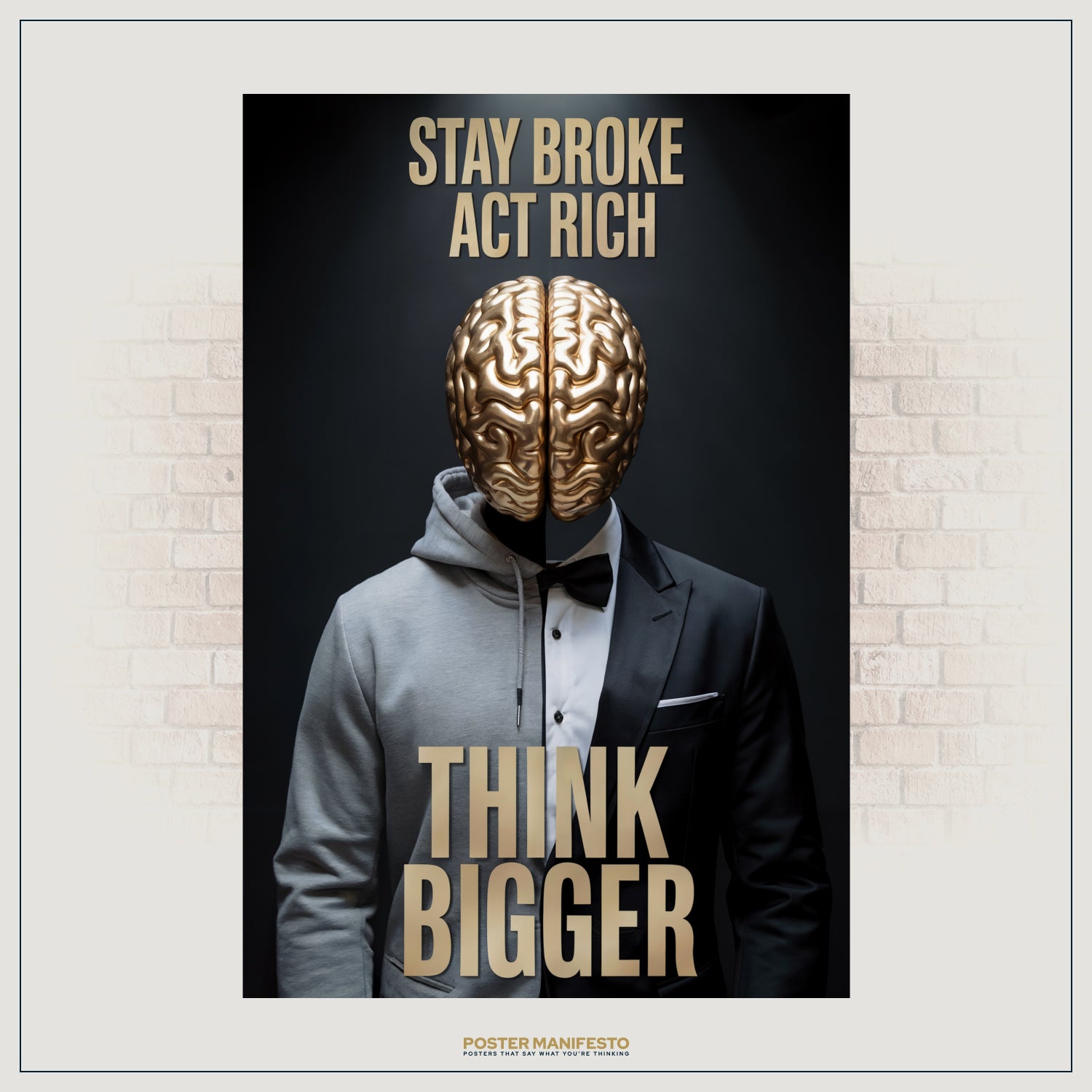 Inspirational artwork showing a surreal man with a golden brain, half casual hoodie, half elegant tuxedo, symbolizing mindset shift.