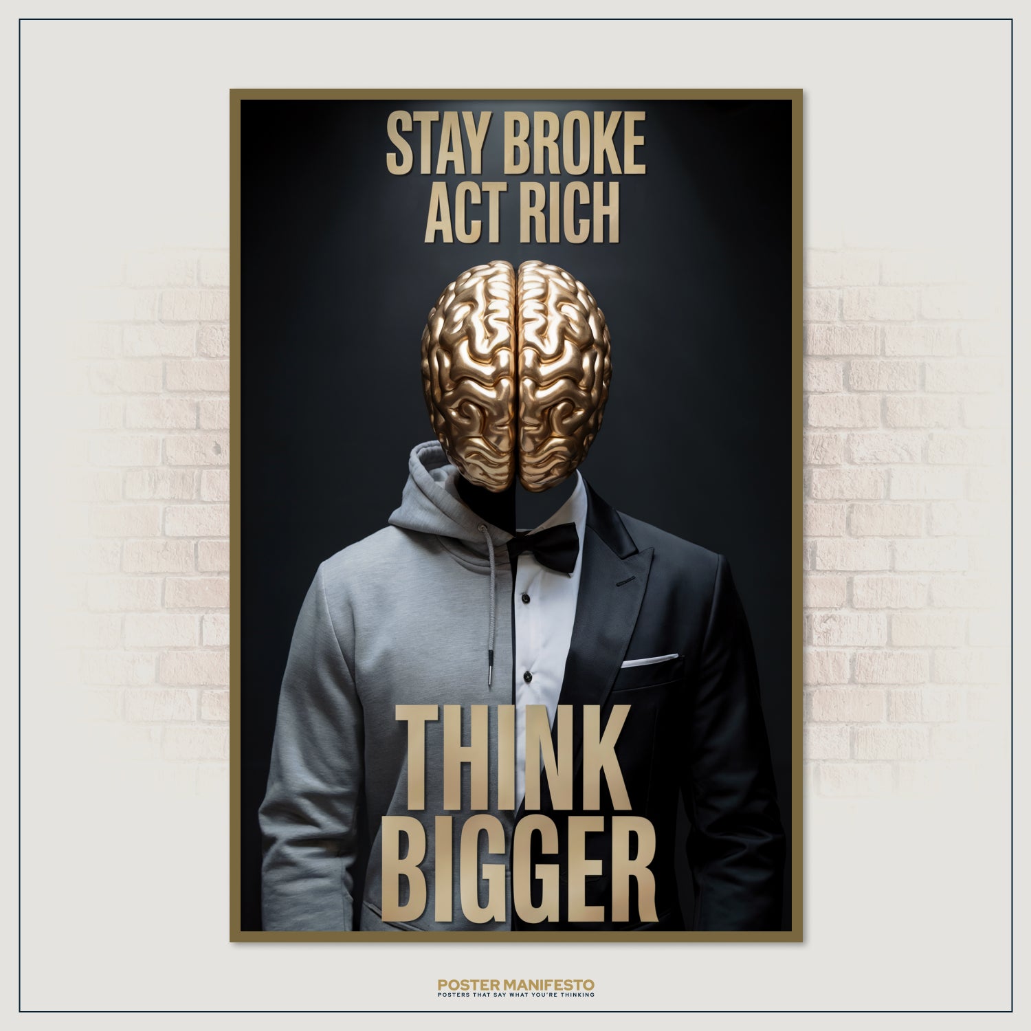 Statement office decor with “Think Bigger” message and symbolic contrast of humble roots and rich ambition.
