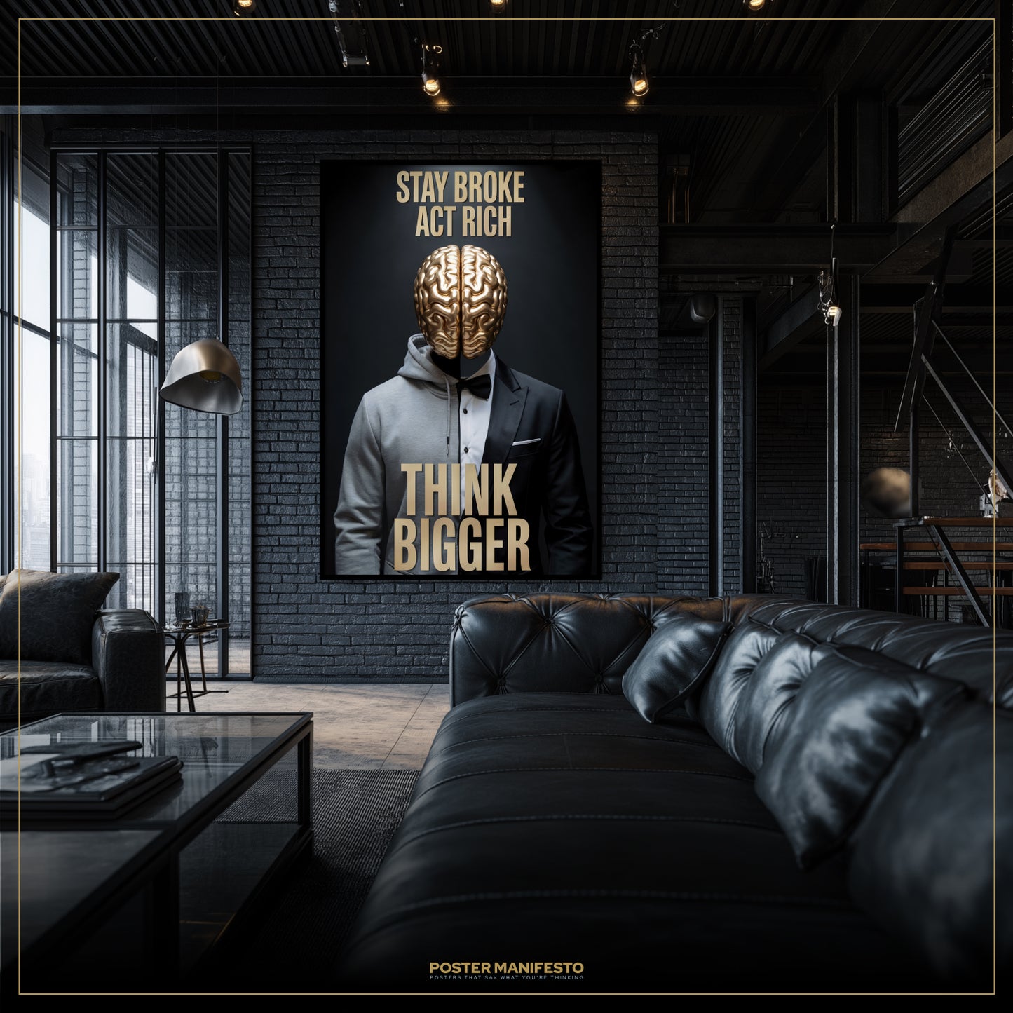 Modern living room with a motivational poster on the wall.