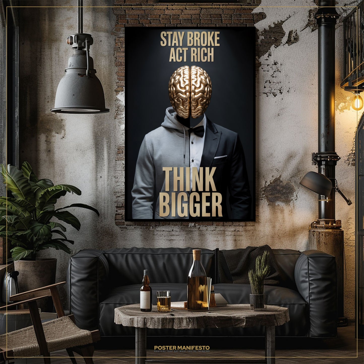 Poster with a stylized person wearing a gold mask and text in a modern living room.