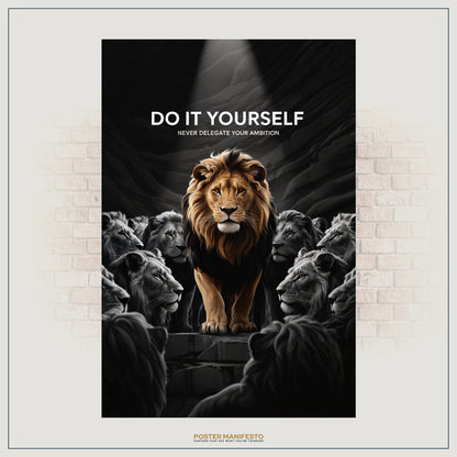 Bold lion artwork symbolizing leadership and independence in business.