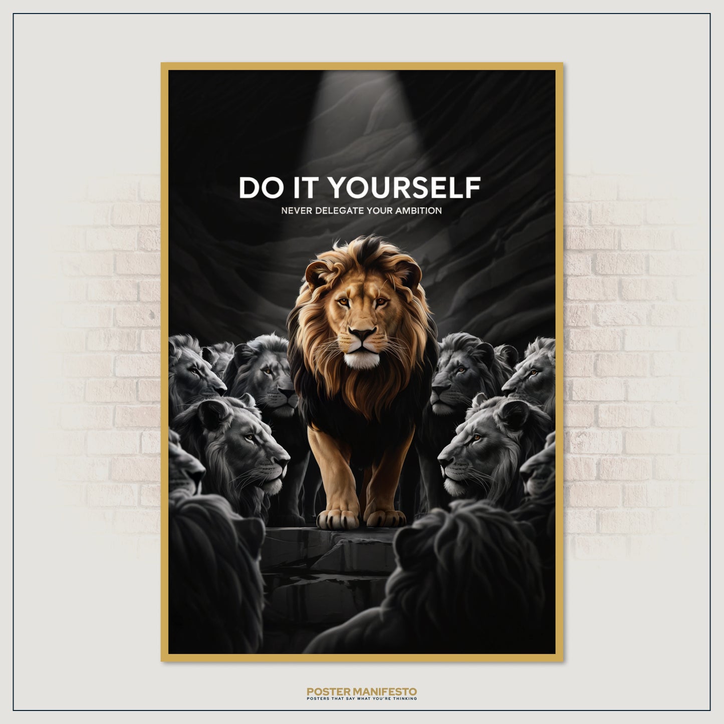 Entrepreneur wall art featuring a lion leading a pride with motivational message.