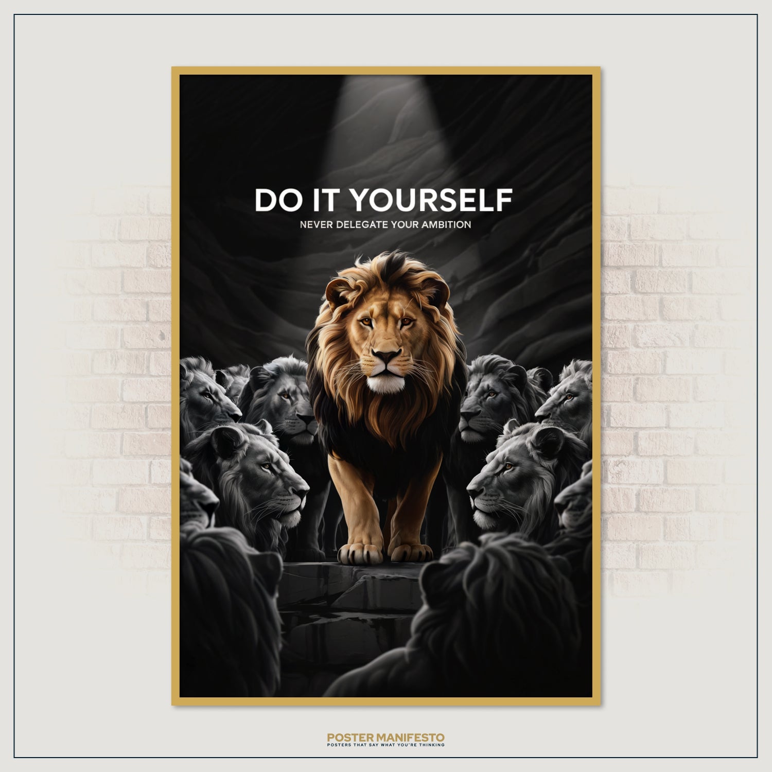 Entrepreneur wall art featuring a lion leading a pride with motivational message.