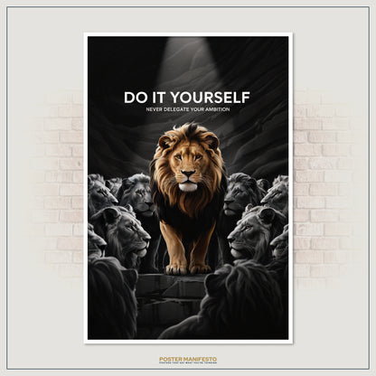 Inspirational office decor with a strong lion and powerful ambition quote.