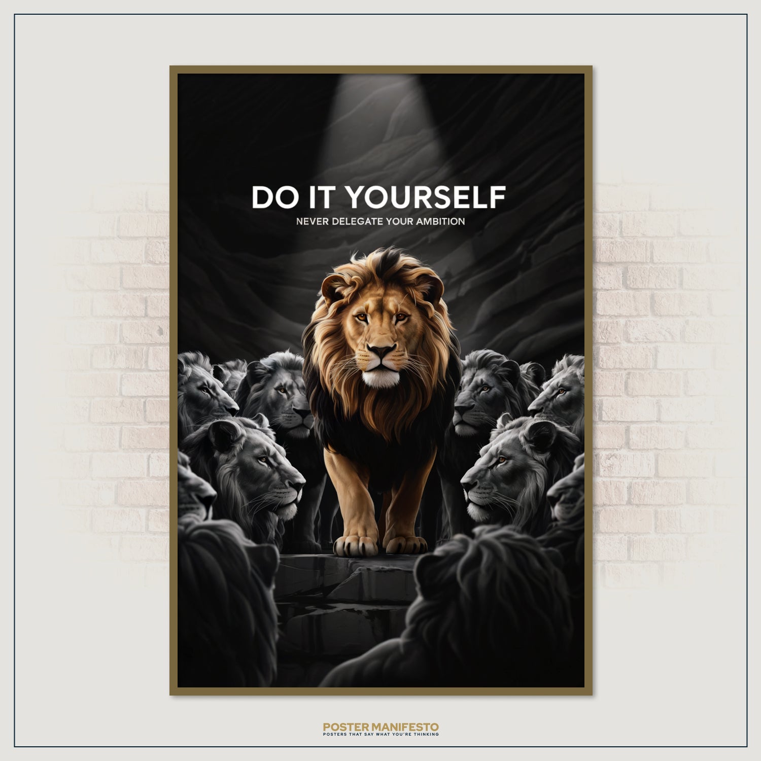 Modern motivational poster of a lion representing self-reliance and determination.
