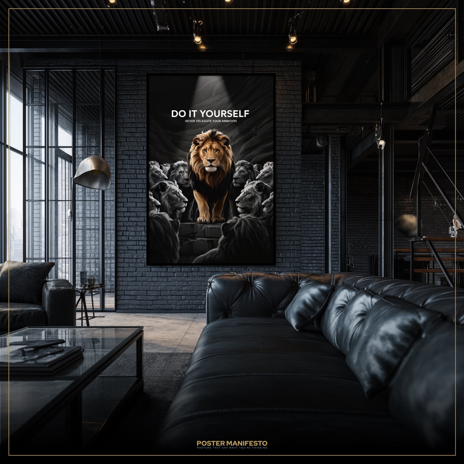 Lion poster with motivational quote in a modern living room setting