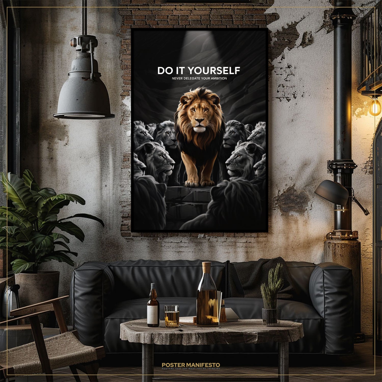 Living room with a motivational poster of a lion and the text 'Do It Yourself' on the wall.