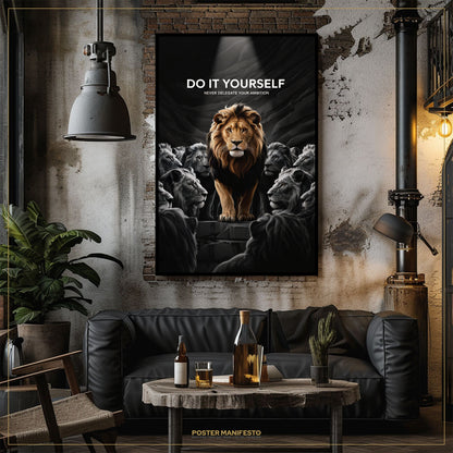 Living room with a motivational poster of a lion and the text 'Do It Yourself' on the wall.